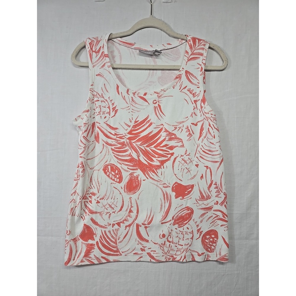 Chico's Ribbed Sleeveless Tank Top Size 2 Womens Large 12 Orange Tropical Print